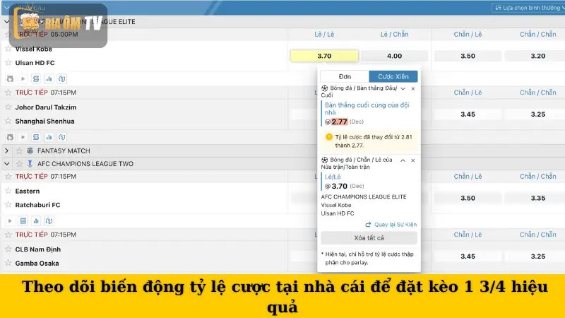 Theo dõi biến động tỷ lệ cược tại nhà cái để đặt kèo 1 3/4 hiệu quả